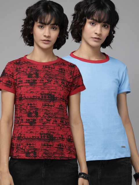 

Roadster Women Pack of 2 Blue Red Round Neck Pure Cotton T-shirt