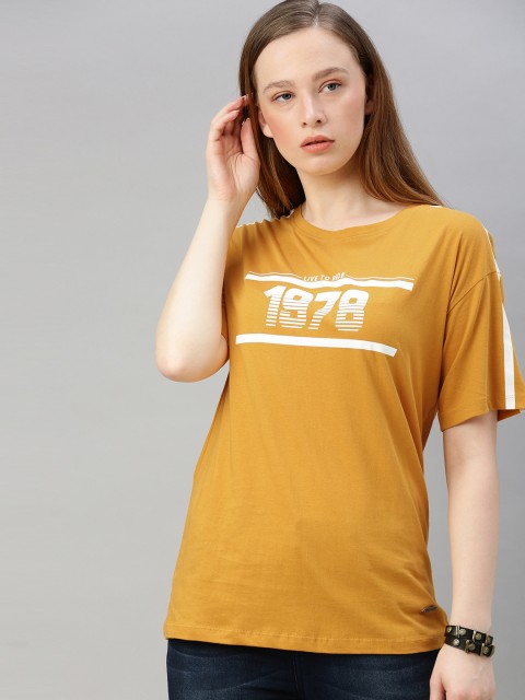 

Roadster Women Mustard Yellow Printed Round Neck T-shirt