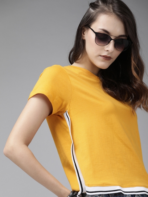 

Roadster Women Mustard Yellow Solid Round Neck T-shirt With Side Taping