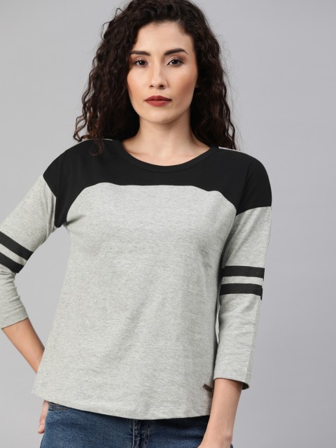 

Roadster Women Grey & Black Colourblocked Round Neck T-shirt