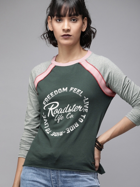 

Roadster Women Olive Green and White Printed Round Neck T-shirt