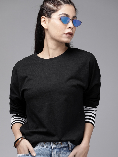 Women Black Pure Cotton T-shirt with Doctor Sleeve