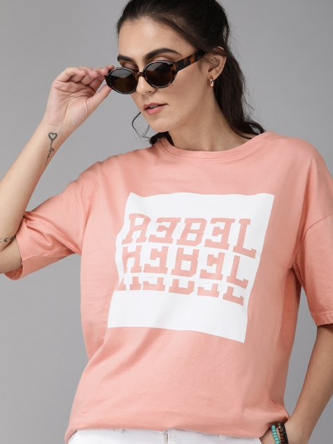 

Roadster Women Peach-Coloured Printed Round Neck Pure Cotton T-shirt