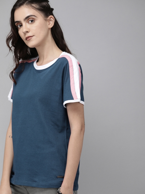 

Roadster Women Blue Solid Round Neck T-shirt with Striped Sleeves