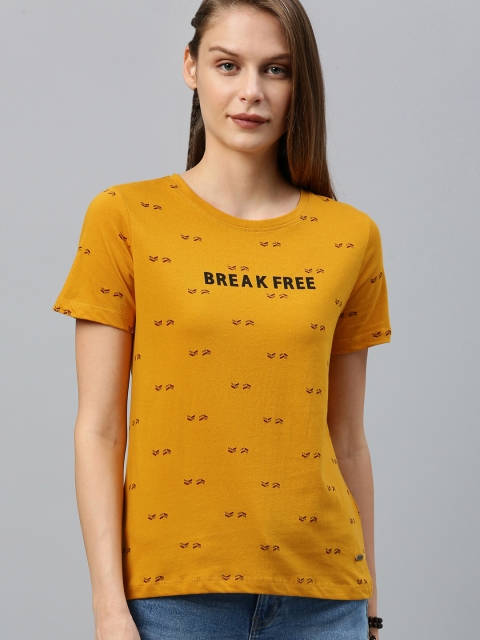 

Roadster Women Mustard Yellow & Black Printed Round Neck T-shirt