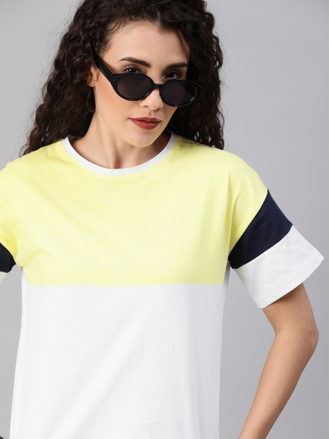 

Roadster Women White & Yellow Colourblocked Round Neck T-shirt