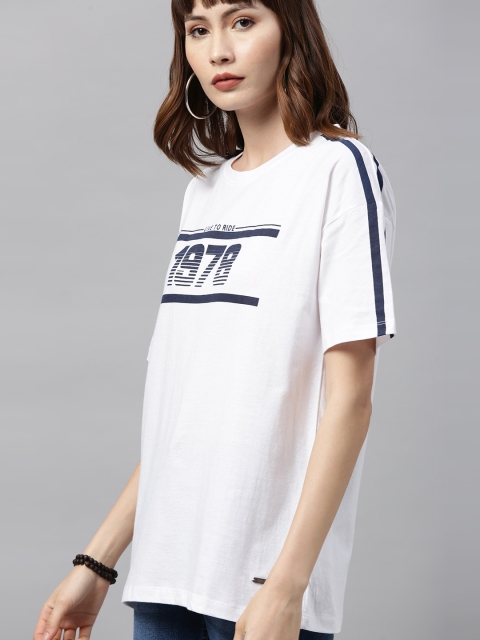 

Roadster Women White & Navy Blue Printed Round Neck T-shirt