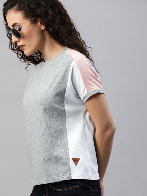 

Roadster Women Grey & White Solid Round Neck T-shirt