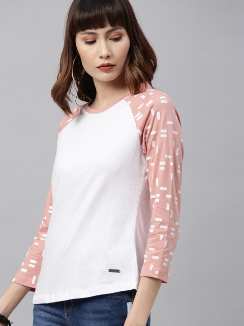 

Roadster Women White & Pink Printed Round Neck T-shirt