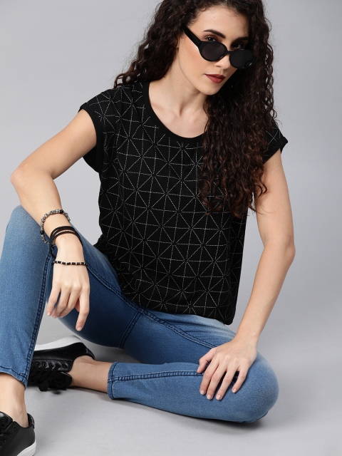

Roadster Women Black Printed Round Neck T-shirt