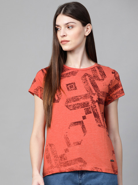 

Roadster Women Coral Orange & Burgundy Printed Round Neck T-shirt