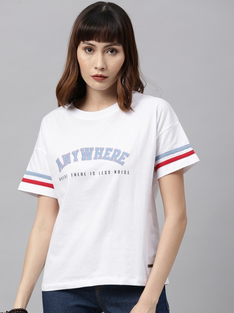 

Roadster Women White & Blue Printed Round Neck T-shirt