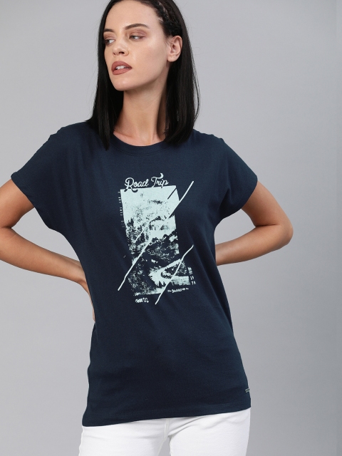 

Roadster Women Navy Blue Printed Round Neck T-shirt