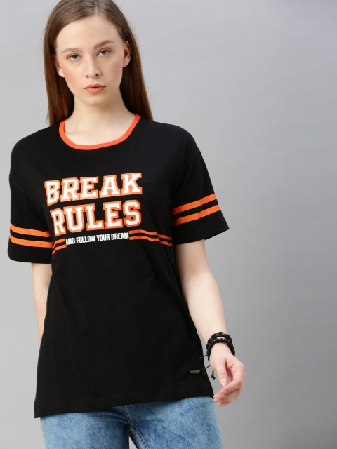 

Roadster Women Black Printed Round Neck T-shirt