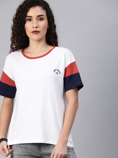 

Roadster Women White Solid Round Neck T-shirt with Contrast Sleeves