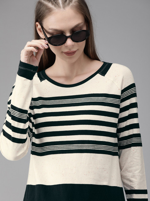 

Roadster Women Beige Striped Round Neck T-shirt