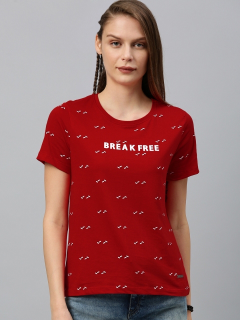 

Roadster Women Red White Printed Round Neck Pure Cotton T-shirt