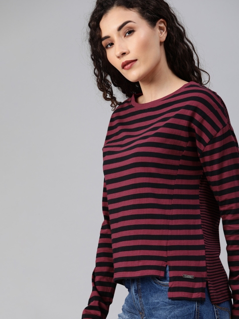 

Roadster Women Black & Maroon Striped Round Neck T-shirt