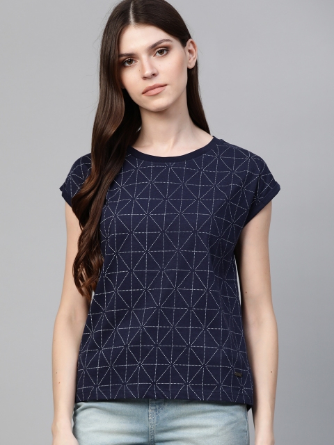 

Roadster Women Navy Blue & White Printed Round Neck T-shirt