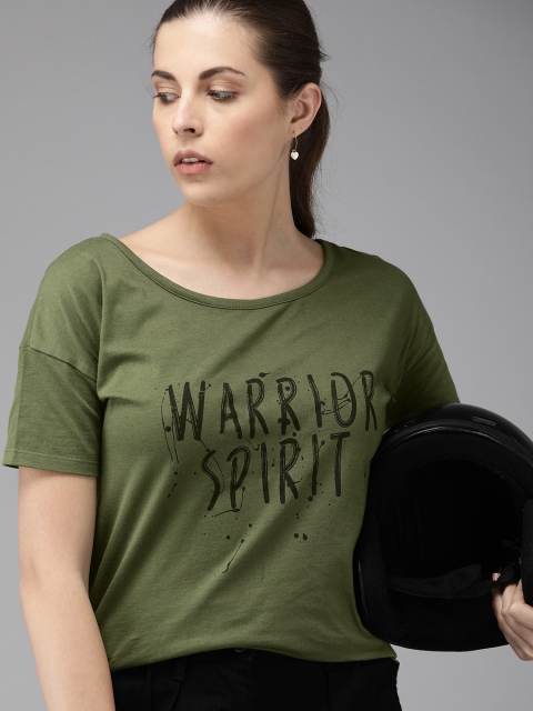 

Roadster Women Olive Green Printed Pure Cotton Round Neck T-shirt