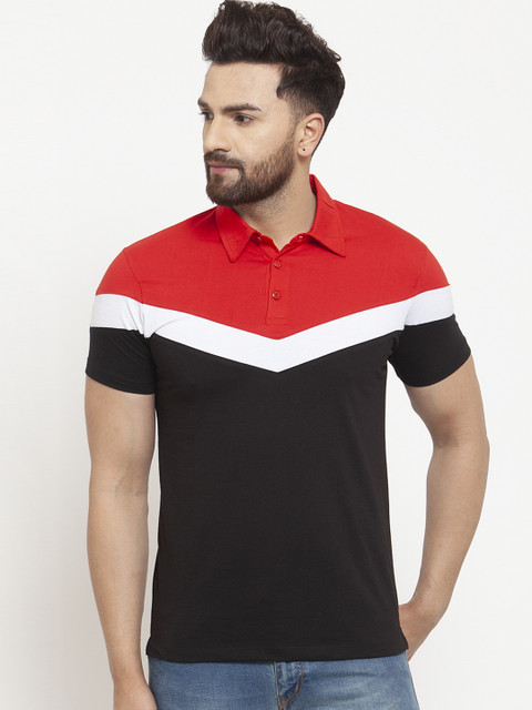 

WILD WEST Men Red Colourblocked Polo Collar T-shirt