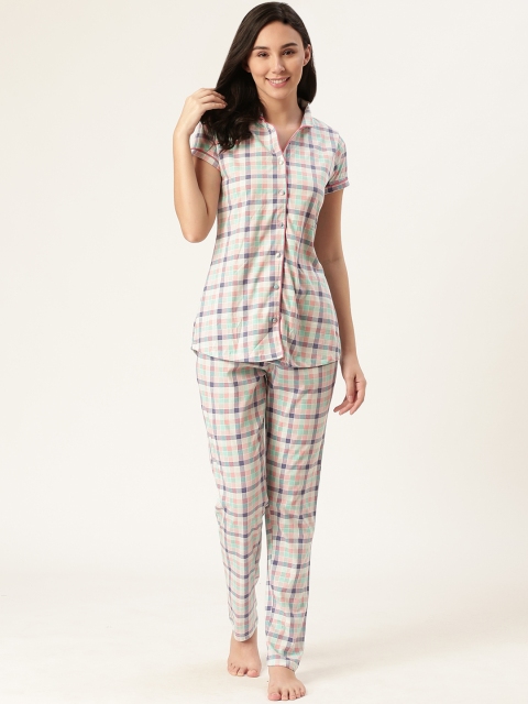 

Sweet Dreams Women Off-White & Sea Green Checked Night Suit