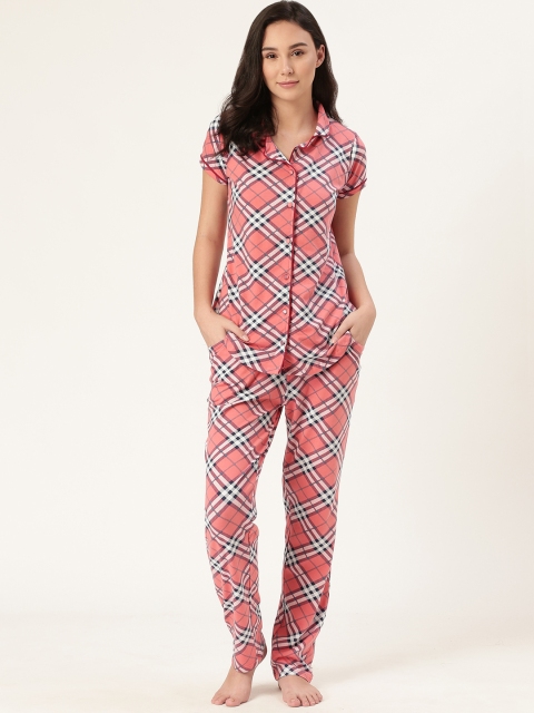 

Sweet Dreams Women Coral Pink & White Checked Night Suit