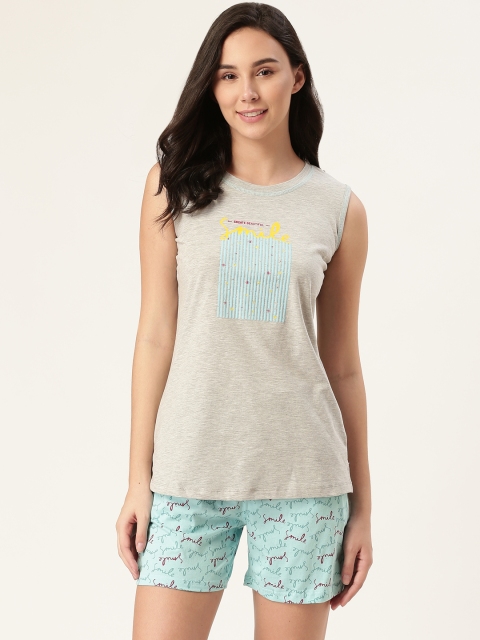 

Sweet Dreams Women Grey Melange & Blue Printed Night Suit