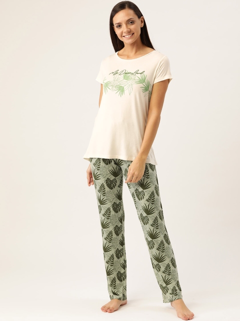 

Sweet Dreams Women Off-White & Green Printed Night suit