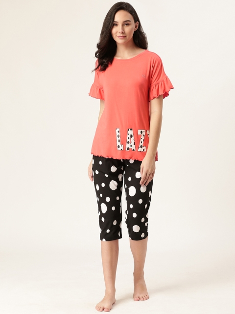 

Sweet Dreams Women Coral Orange & Black Printed Night Suit