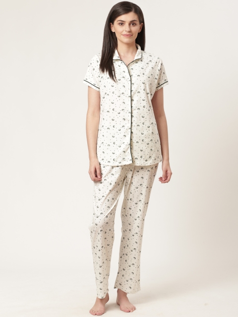 

Sweet Dreams Women Off-White & Olive Green Printed Night Suit