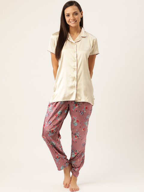 

Sweet Dreams Women Cream-Coloured & Mauve Floral Print Satin Finish Night Suit