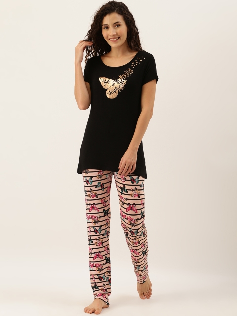 

Sweet Dreams Women Black & Peach-Coloured Conversational Printed Night suit