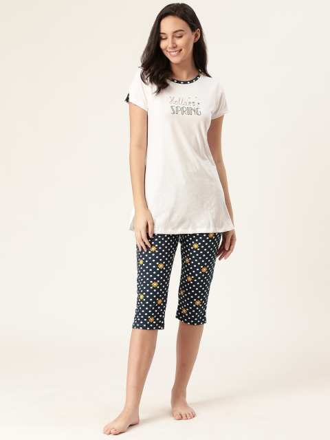 

Sweet Dreams Women White & Navy Blue Printed Night Suit