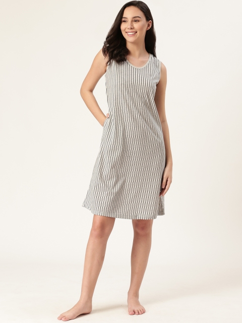 

Sweet Dreams Grey Melange & Black Striped Pure Cotton Sleep Shirt with Tshirt