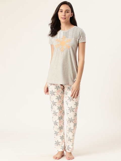 

Sweet Dreams Women Grey Melange & Off-White Printed Night Suit