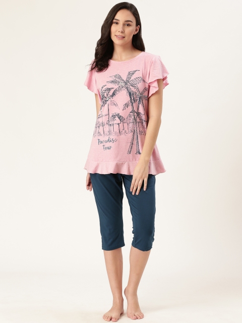 

Sweet Dreams Women Pink & Teal Blue Printed Nightsuit
