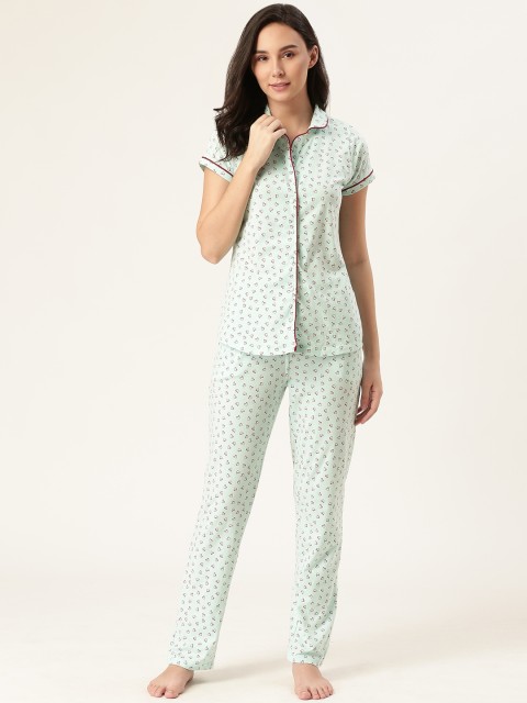 

Sweet Dreams Women Sea Green & Red Heart Printed Night Suit