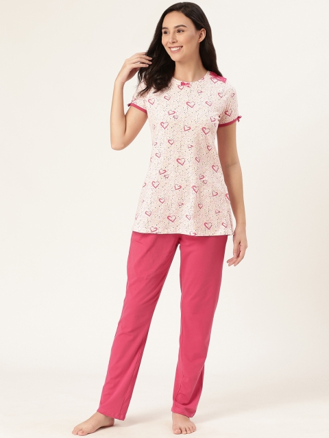 

Sweet Dreams Women Off-White & Coral Pink Printed Night Suit