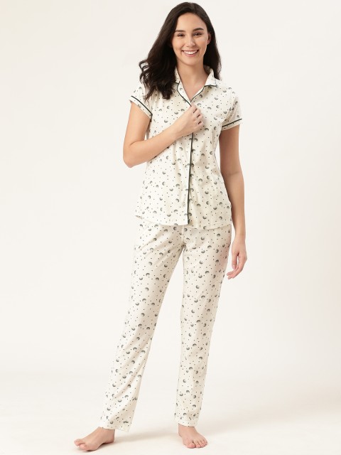 

Sweet Dreams Women Off-White & Olive Green Printed Night Suit