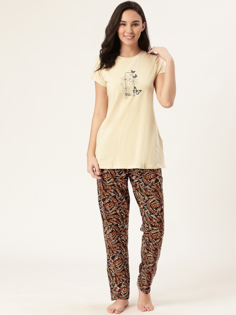 

Sweet Dreams Women Cream-Coloured & Black Printed Night Suit