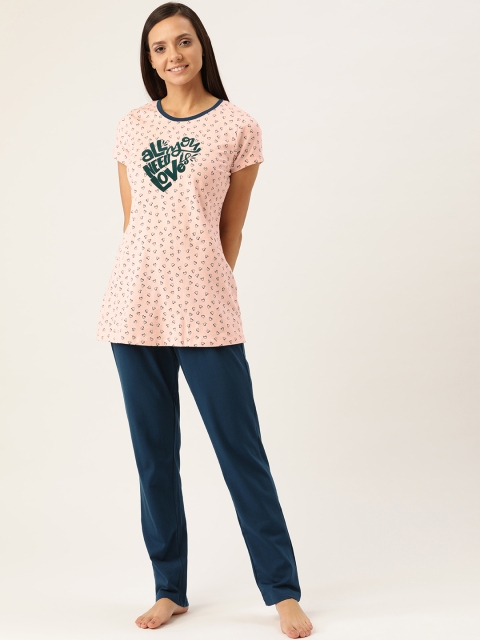 

Sweet Dreams Women Pink & Teal Blue Printed Nightsuit