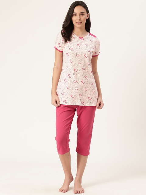 

Sweet Dreams Women Off-White & Coral Pink Printed Night Suit
