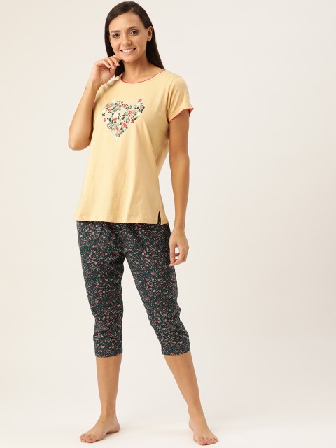 

Sweet Dreams Women Yellow & Black Floral Printed Night suit