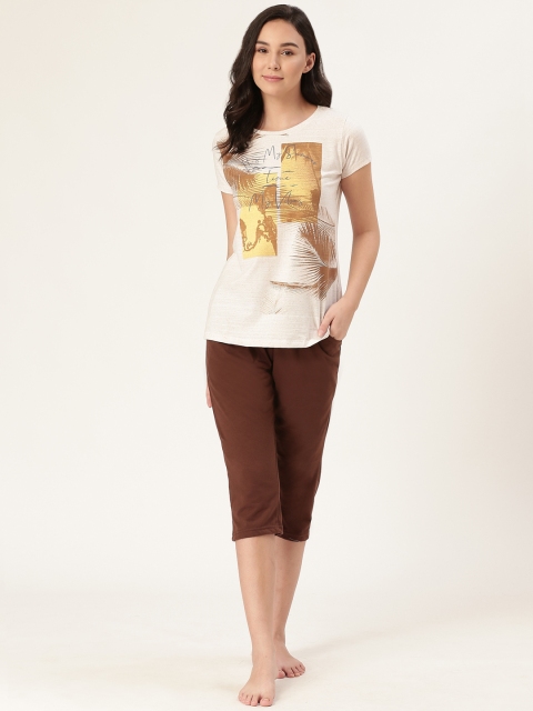 

Sweet Dreams Women Off-White & Brown Printed Nightsuit