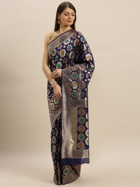 

SHAVYA Navy Blue & Gold-Toned Pure Silk Woven Design Banarasi Saree