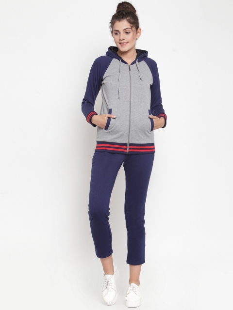 

WILD WEST Women Navy Blue & Grey Colour-Blocked Hooded Tracksuit