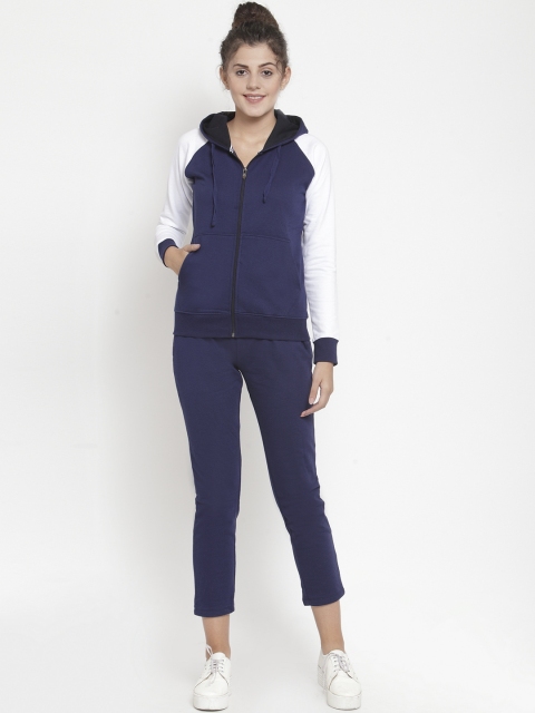 

WILD WEST Women Blue & White Solid Hooded Tracksuit