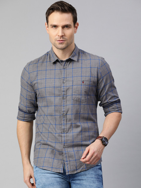 

Louis Philippe Jeans Men Charcoal Grey & Navy Blue Checked Slim Fit Pure Cotton Shirt
