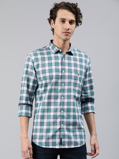 

Louis Philippe Jeans Men Green & White Super Slim Fit Checked Casual Shirt